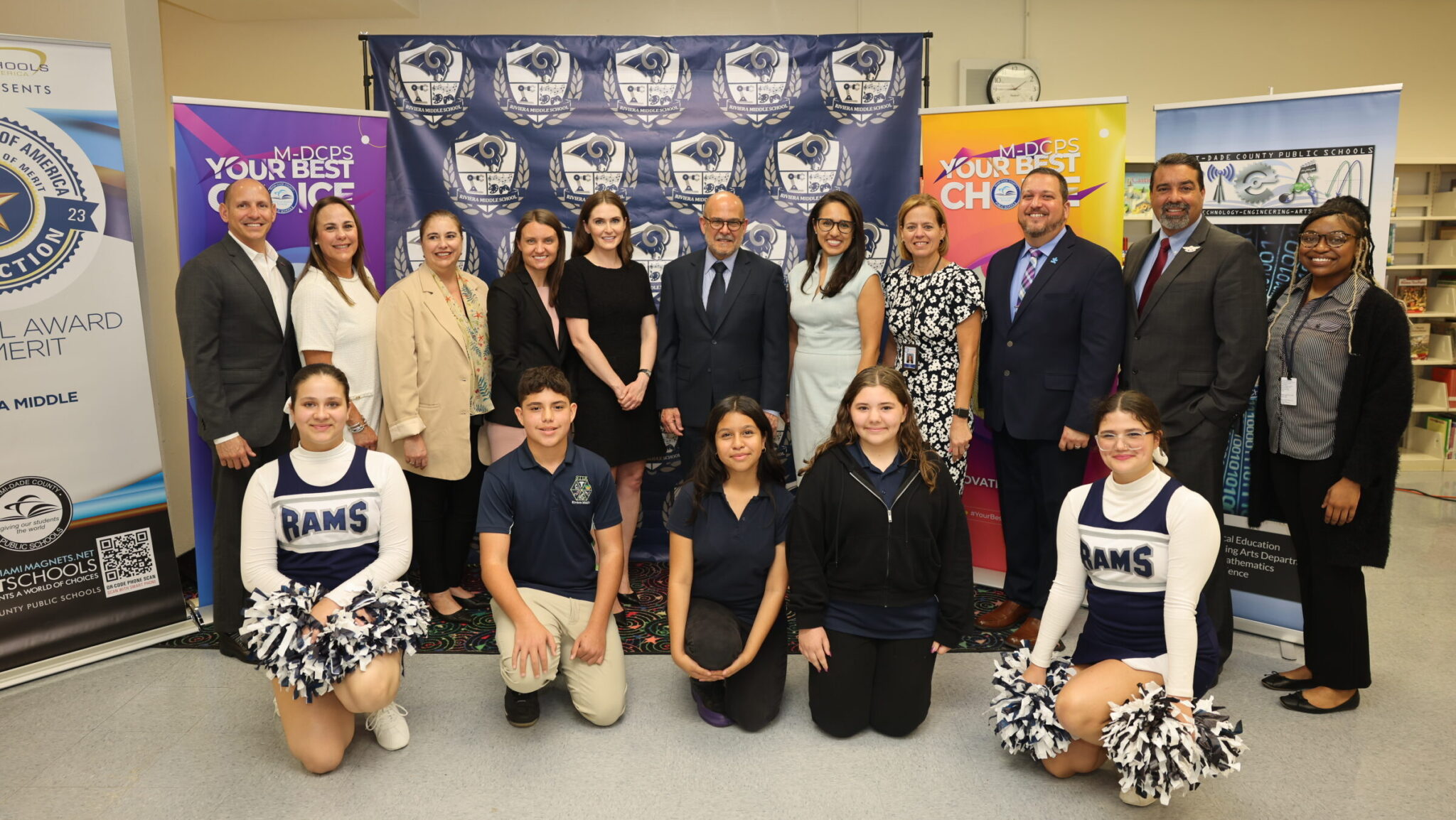 Group photo at a Miami-Dade County school with students and district/Education Lab leaders